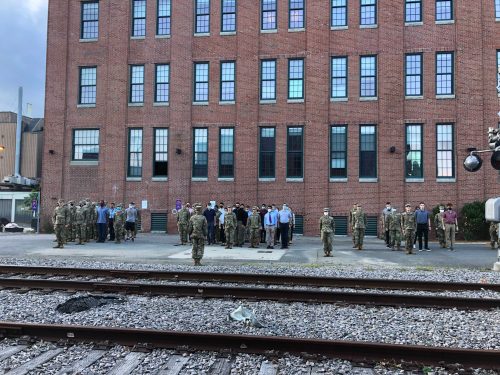 Cadets gather outdoors for the first Army ROTC formation